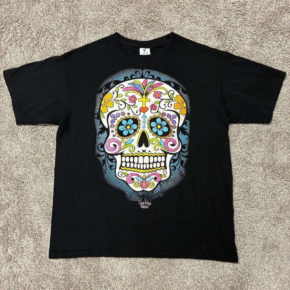 Yazbek Sugar Skull Day of Dead Costa Maya Mexico Tee Adult Unisex L Black